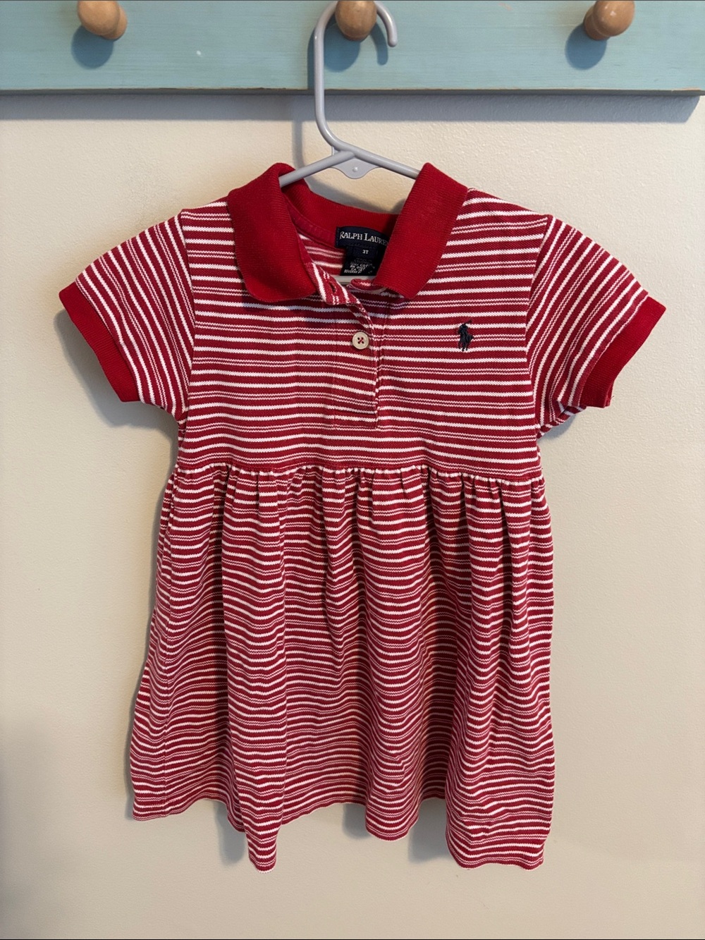 Polo Ralph Lauren Girls 3T Dress Red White Striped Short Sleeve Cotton Pony Logo